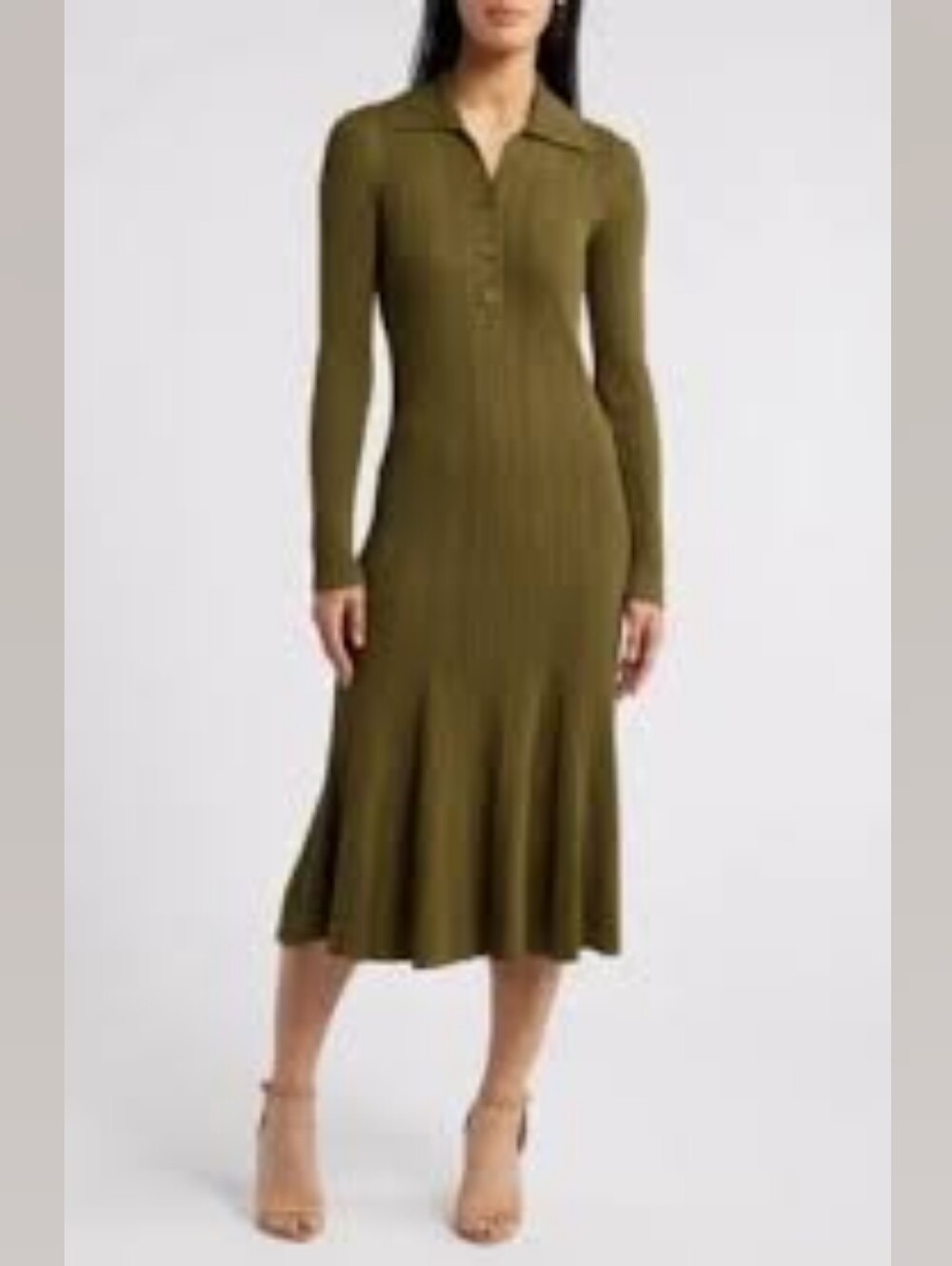 Sophisticated Ribbed Long Sleeve Polo Knit Midi Dress - Olive Green